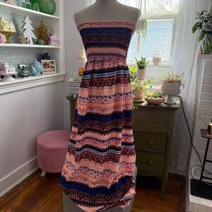 Charlotte Russe Strapless Printed Maxi Dress in Coral & Navy